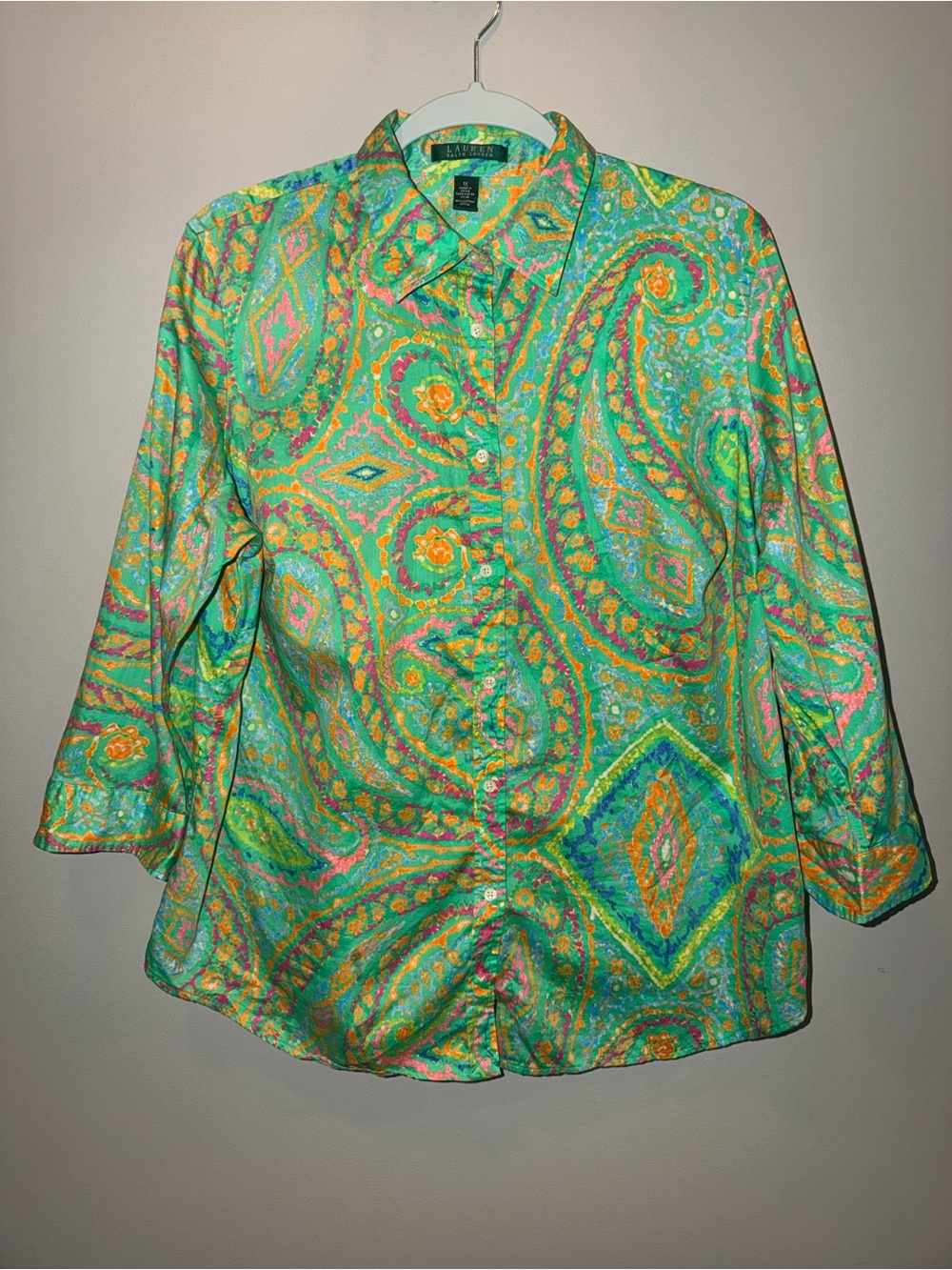 Lauren Ralph Lauren 100% cottonGreen Paisley Button-Down Shirt preppy Resortwear